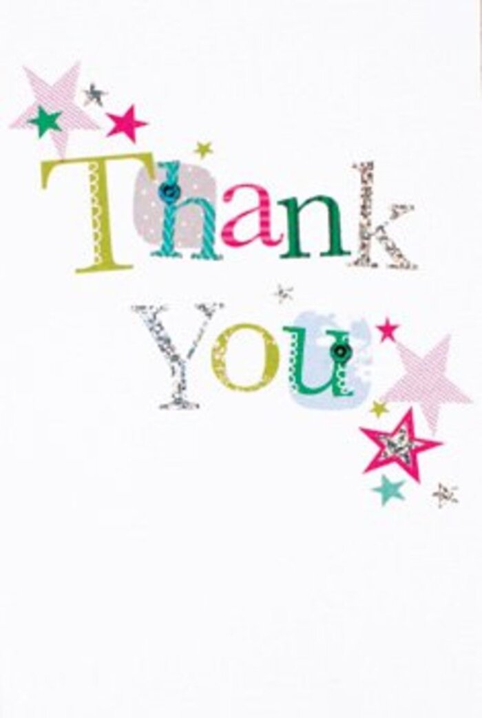 The elegantly arranged letters of this thank you card carry a quietly exuberant mood, celebrating gratitude with depth-every character with its own essence, reflecting the artistic spirit of Honor Oak. Some letters are sprinkled with dots or flourish in playful curves; others possess a gentle sophistication with almost musical grace. Nearby, lively stars-some striped pink, others drenched in turquoise or dusted with silver-gather like well-wishers at a local market, infusing the card with extra cheer. The composition is modern and open, evoking the breezy feel of an afternoon along Devonshire Road. There's a balance of understated elegance and festive warmth, perfect for any occasion where thanks are due in Honor Oak-whether placing it next to a just-picked bouquet from Flowers Honor Oak or sharing it after an uplifting community event. The card's subtle artistry and crisp setting create a memory as cherished and bright as fresh spring flowers, making gratitude feel both intimate and universally resonant.