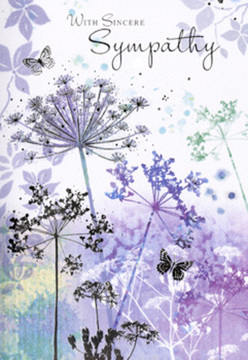 Inside this sympathy card, the illustration feels like a quiet meadow moment tucked just beyond the familiar roads of Honor Oak. Tall, thread-like stems rise in gentle curves, each tipped with a fine, umbrella-shaped cluster of blossoms painted in cool lavender, dusky blue, and soft stone-grey. The flowers are rendered with airy precision, yet softened by translucent watercolour washes that bleed into one another, creating a calm, misty backdrop. Toward the top, the blooms become more like delicate silhouettes, their edges fading into a pale violet sky, as if touched by evening light over nearby parks and tree-lined hills. Two butterflies hover lightly between the blossoms, their wings barely outlined, suggesting a fleeting but comforting presence-something felt more than seen. The background tones are low and soothing, a blend of silvery greens and muted purples that quiet the eye and echo the hush of a reflective walk past Honor Oak's gardens on a gentle day. The space around the stems is open and uncluttered, allowing the viewer to rest on each graceful line, like pauses in a thoughtful conversation. This design is not about grandeur but about tenderness: the soft resilience of wildflowers, the whisper of wings, the way nature continues to hold beauty even through sorrow. In the way we choose gentle colours and textures for condolence bouquets, this card offers a visual message of sympathy and understanding, ideal for sending support to someone navigating loss in or beyond the Honor Oak community.